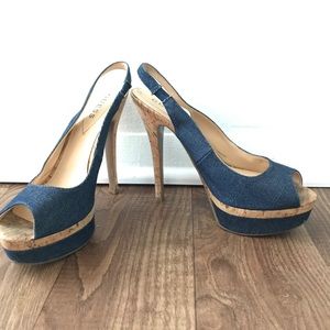 Denim peep toe pump